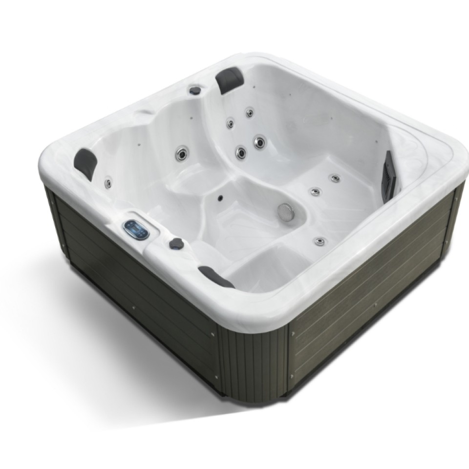 Image d'un jacuzzi en bois avec l'intérieur en blanc.
