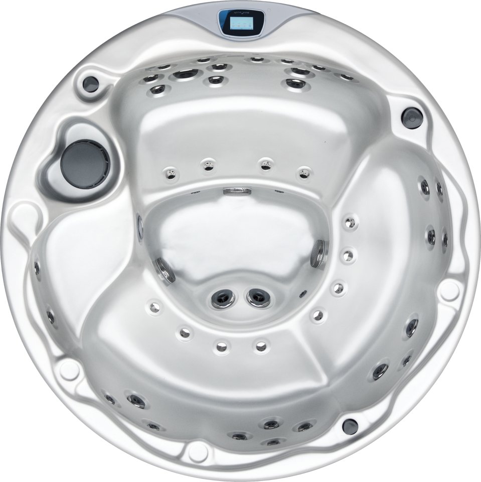 Oxygen spas : Vue du dessus d’un jacuzzi rond en acrylique blanc brillant, doté de plusieurs assises ergonomiques disposées en cercle et équipées de nombreux jets d’hydromassage en inox répartis sur les dossiers, les sièges et le fond, compartiment technique circulaire gris visible sur le côté, panneau de commande digital intégré en haut du rebord, design compact et convivial idéal pour 4 à 5 personnes recherchant détente et moments intimistes.