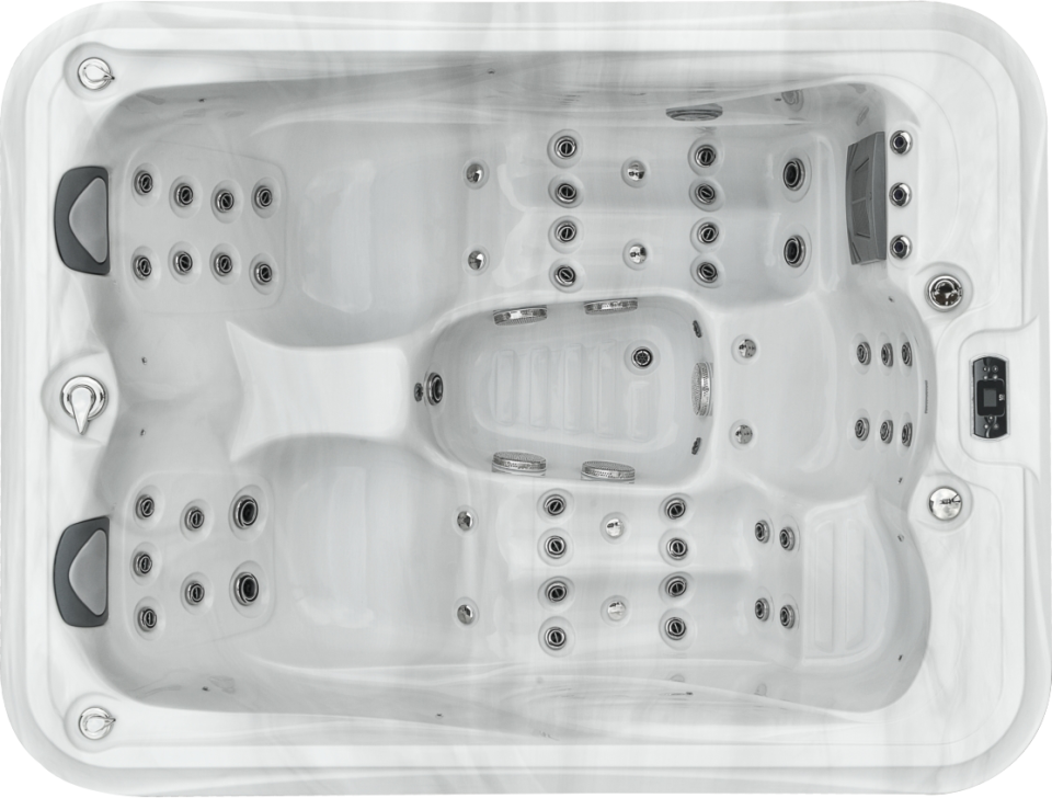 Oxygen spas : Vue du dessus d’un jacuzzi rectangulaire haut de gamme en acrylique blanc marbré, conçu pour 5 à 6 personnes avec plusieurs assises ergonomiques et une grande banquette allongée centrale, équipé d’une multitude de jets d’hydromassage en inox répartis sur les dossiers, sièges, repose-jambes et zones de pieds, appuie-têtes gris foncé intégrés pour un confort optimal, panneau de commande digital visible sur le rebord, design moderne et thérapeutique pensé pour une relaxation complète du corps