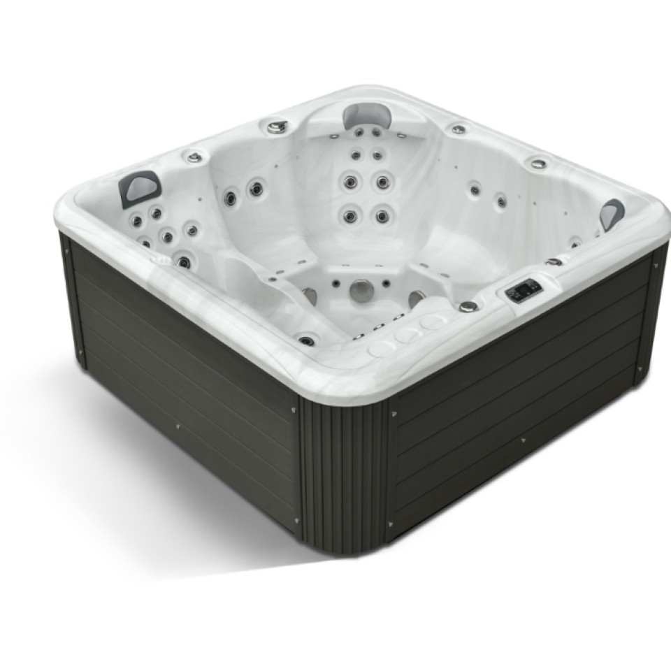 Image d'un jacuzzi en bois avec l'intérieur en blanc.