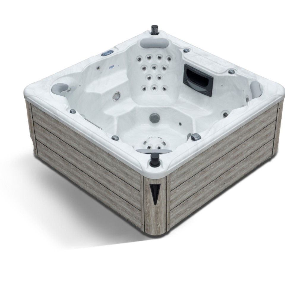 Image d'un jacuzzi en bois avec l'intérieur en blanc.