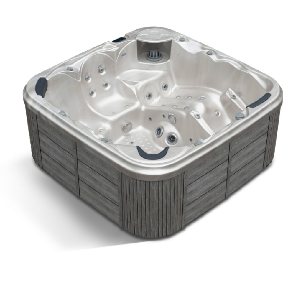 Image d'un jacuzzi en bois avec l'intérieur en blanc.