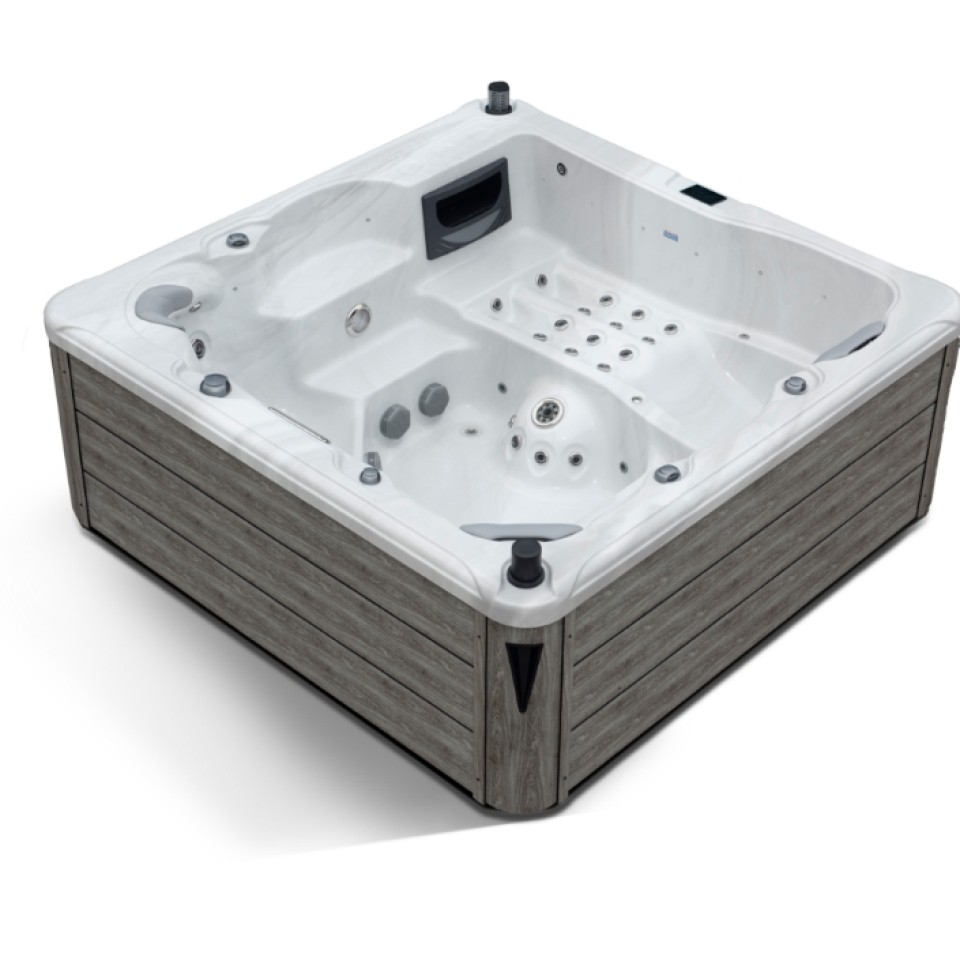 Image d'un jacuzzi en bois avec l'intérieur en blanc.