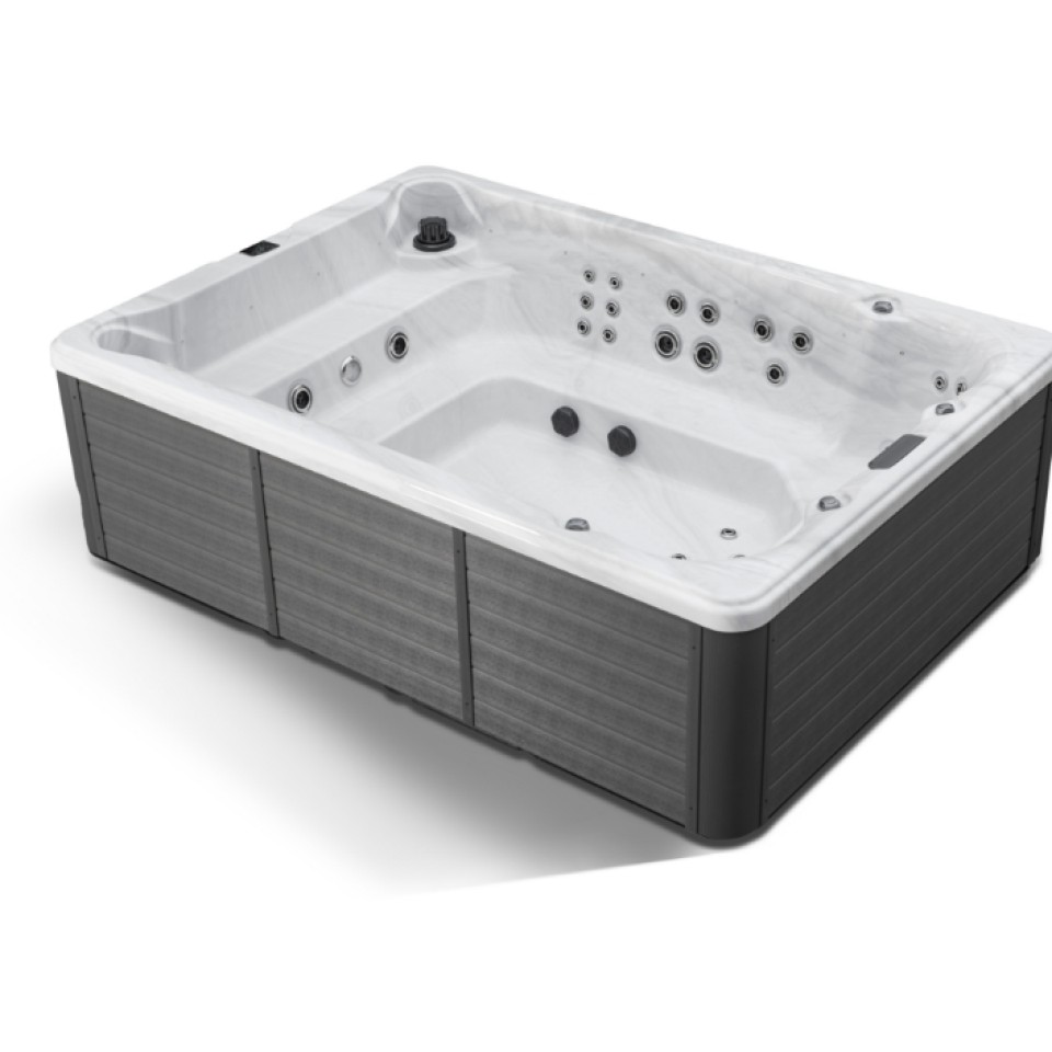 Image d'un jacuzzi en bois avec l'intérieur en blanc.