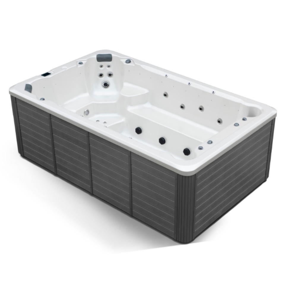 Image d'un jacuzzi en bois avec l'intérieur en blanc.