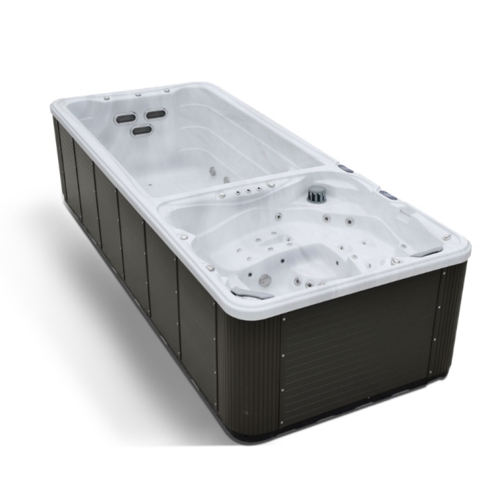Image d'un jacuzzi en bois avec l'intérieur en blanc.