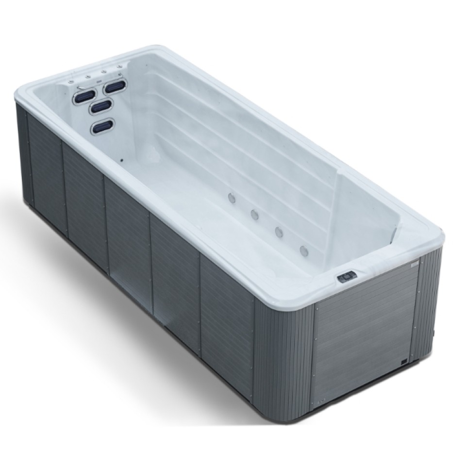Image d'un jacuzzi en bois avec l'intérieur en blanc.
