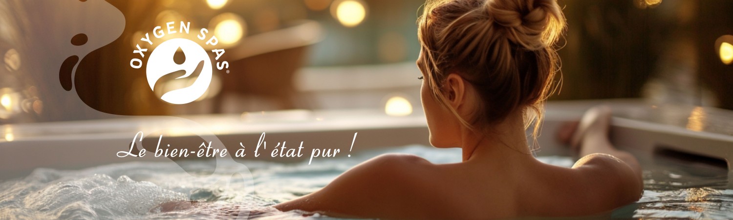 Image d'un jacuzzi avec écrit en blanc Oxygen Spa et en dessous le bleu-vert à l'état pur !