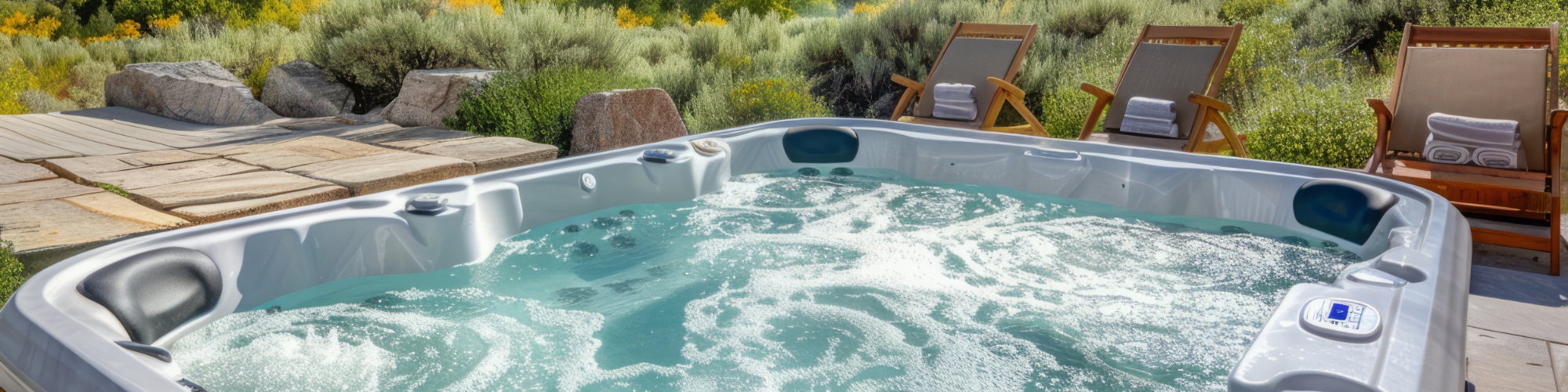Oxygen spas : Image d'un jacuzzi en fonctionnement sur un balcon, où on peut voir en arrière-plan à gauche des chaises en bois.